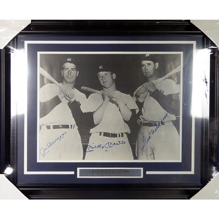 MICKEY MANTLE, JOE DIMAGGIO & TED WILLIAMS AUTOGRAPHED FRAMED 16X20 PHOTO JSA #Y38556